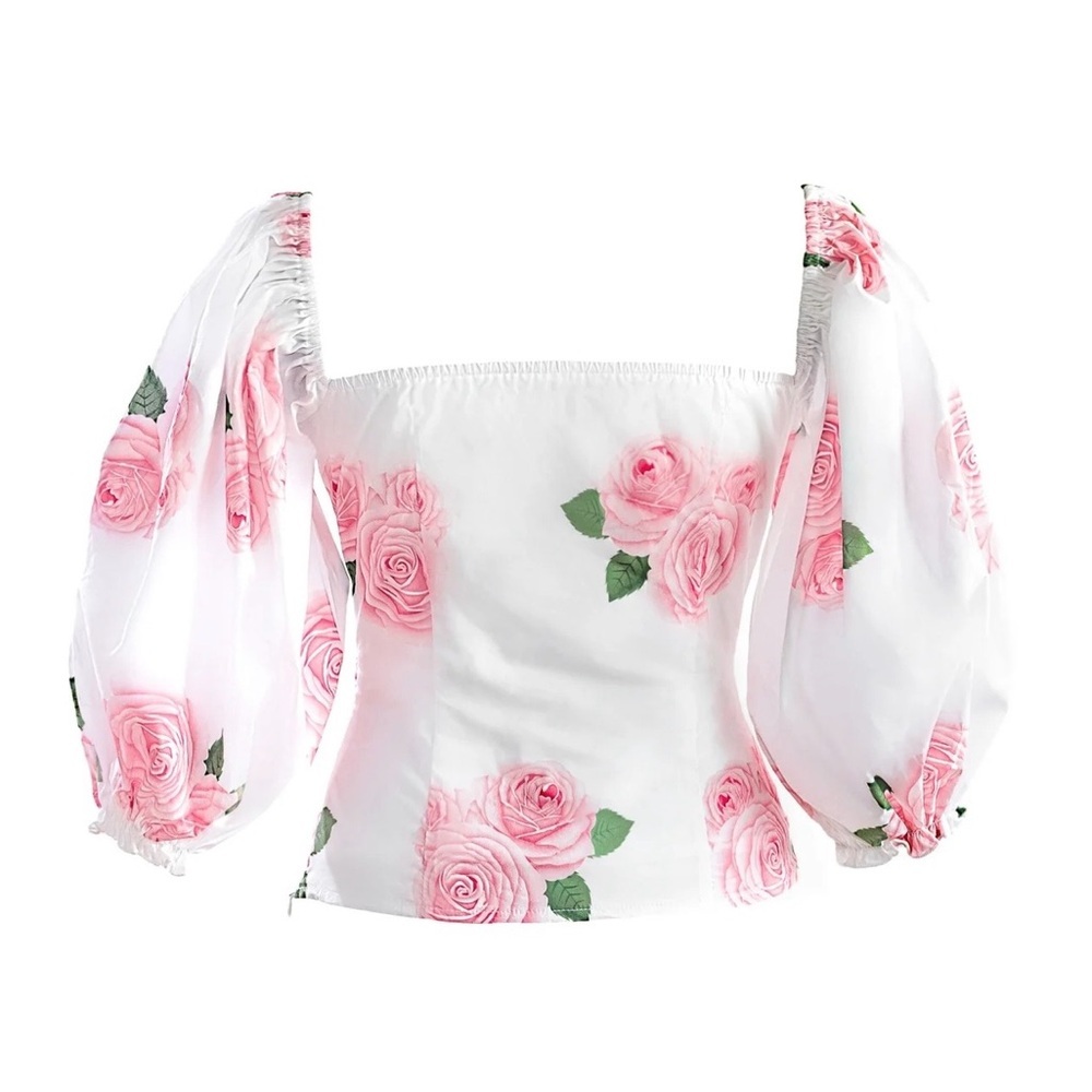 Rose Print Puff Sleeve Corset Top Cottagecore Coquette Off Shoulder Small
